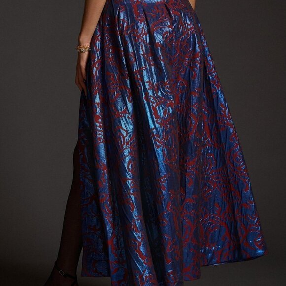 NWOT Maeve Shimmer Pleated Blue Motif Maxi Skirt Size 4 - Picture 2 of 8